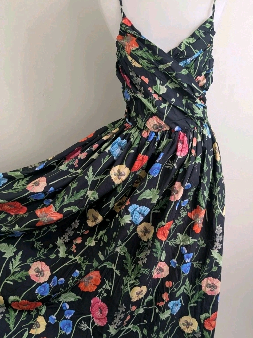 NEW H&M Black Floral Cotton Midi Slip Dress Strappy Fit Flare Sundress Size S